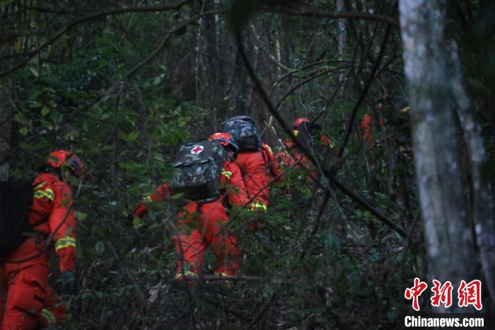 图为救援人员翻山越林搜救失联人员。　李袁辉 摄